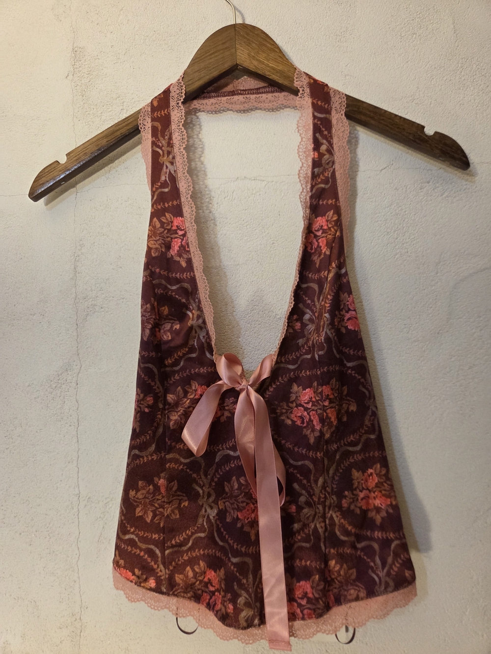 Urban Outfitters Satin Floral Lace Halter Tie Front Top Brown Pink S - Picture 4 of 6